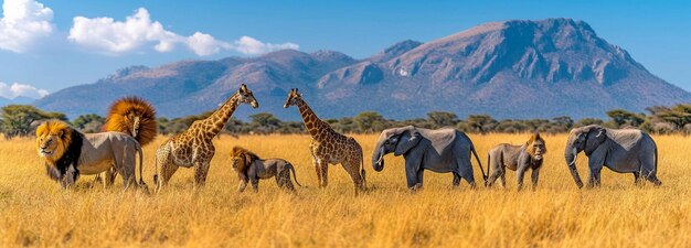 Een grote groep Afrikaanse dieren Giraffe leeuw olifant aap en anderen staan samen met een berg op de achtergrond