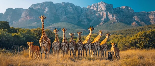 Een grote groep Afrikaanse dieren Giraffe leeuw olifant aap en anderen staan samen met een berg op de achtergrond