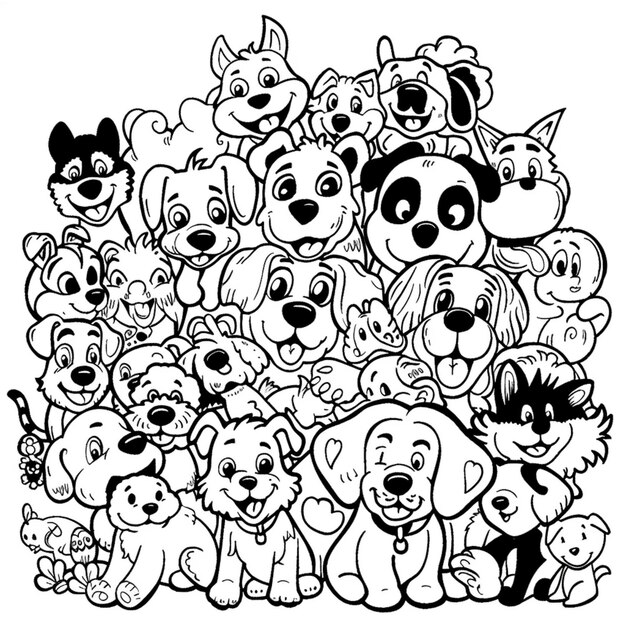 een grote groep cartoon honden met gezichten en neuzen generatieve ai