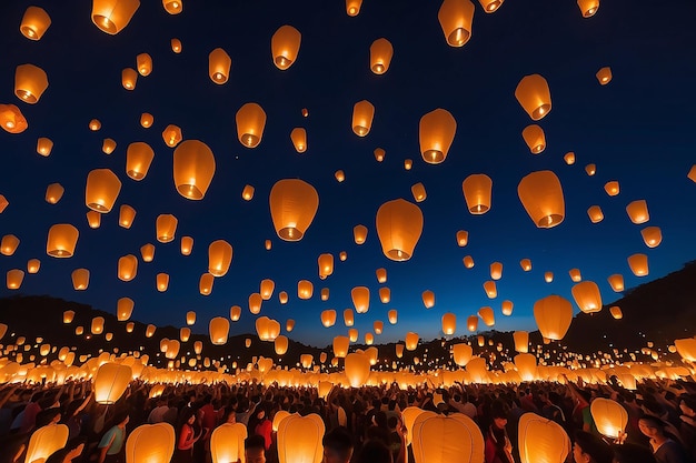 Een grote groep Chinese vliegende lantaarns