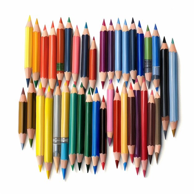een grote groep gekleurde potloden is in een cirkel gerangschikt.