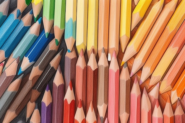 Een grote groep gekleurde potloden is in een regenboog gerangschikt.