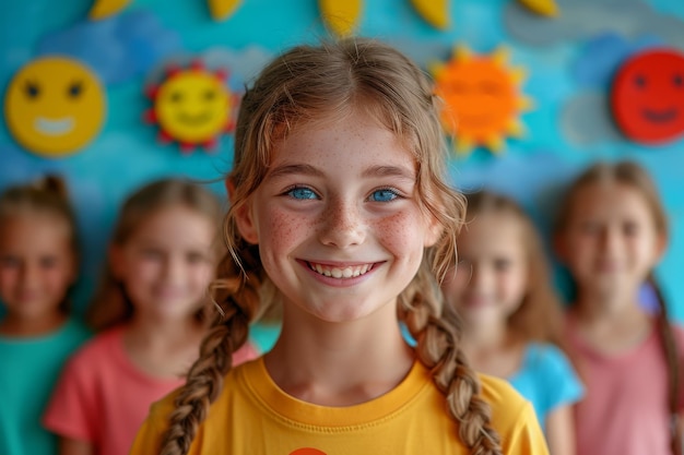 Een grote groep gelukkige kinderen in kleurrijke kleren op een gekleurde muur met emoticons