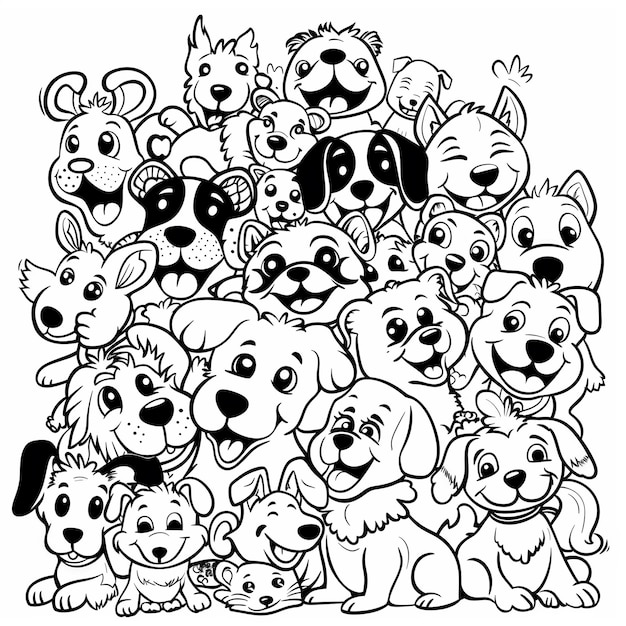 een grote groep honden met gezichten en neuzen kleurplaten generatieve ai