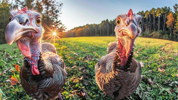 Een grote groep kalkoenen met een levendig verenkleed staat trots in een uitgestrekt veld onder de open lucht