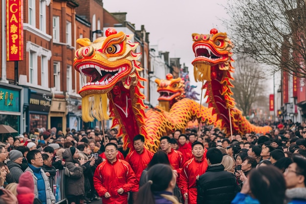 Een grote groep mensen die door een straat lopen Generatief AI-beeld Chinese nieuwjaarsviering