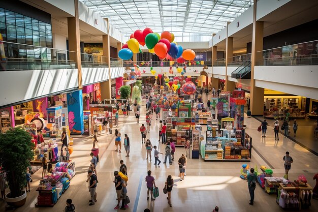 Een grote groep mensen die rondlopen in een winkelcentrum