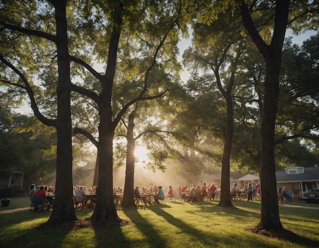 Een grote groep mensen is verzameld onder bomen en een bord dat zegt dat de zon komt door