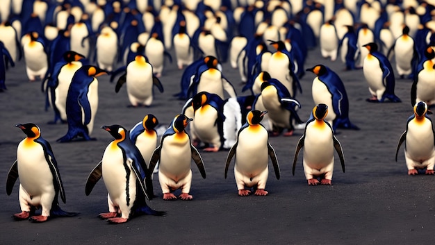 Een grote groep pinguïns loopt samen.