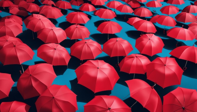 Een grote groep rode paraplu's op een blauwe achtergrond