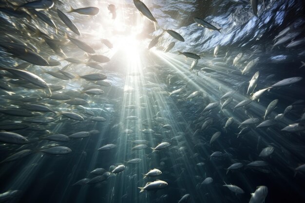 Een grote groep vissen die in de oceaan zwemmen.