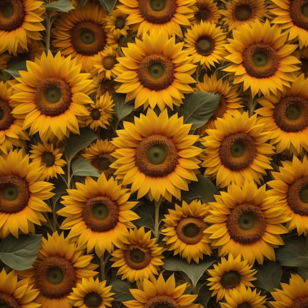 een grote groep zonnebloemen met een groen hart.