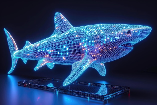 Een grote haai gemaakt van neonlicht, kunstmatige gloeiende objectsoftwarevisualisatie