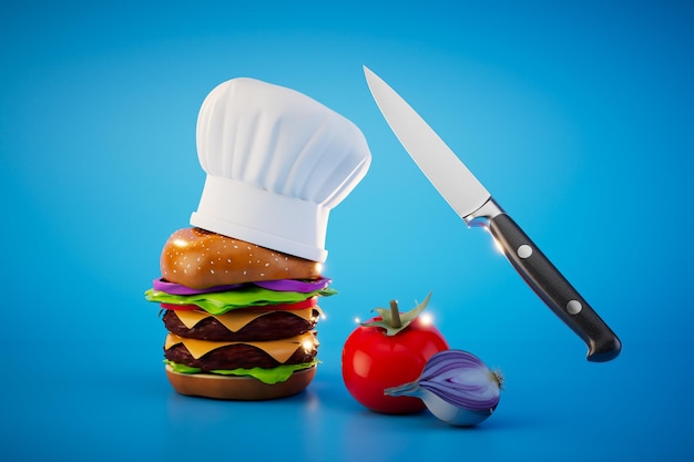 Een grote hamburger in de koksmuts een mes een tomaat en een ui op een blauwe achtergrond 3D renderen