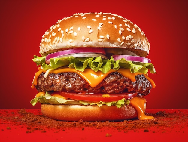 Een grote hamburger met sla, tomaat en kaas geïsoleerde foto op rode achtergrond AI gegenereerd