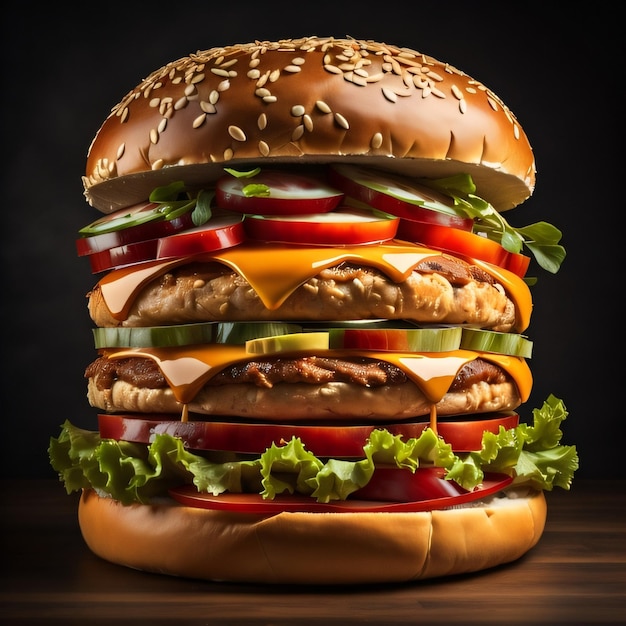 Een grote hamburger met veel verschillende toppings erop
