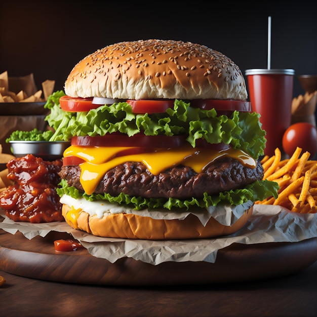 Een grote hamburger zit op een dienblad met frietjes en een drankje.