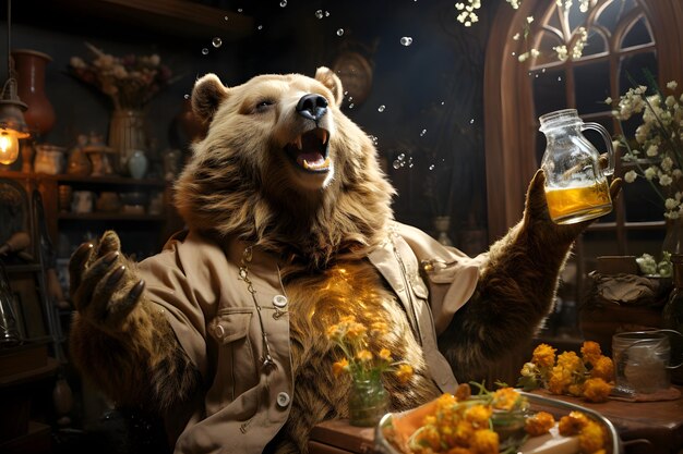 Foto een grote harige bruine beer zat in een bar te drinken, of je het nu honing of bier noemt.