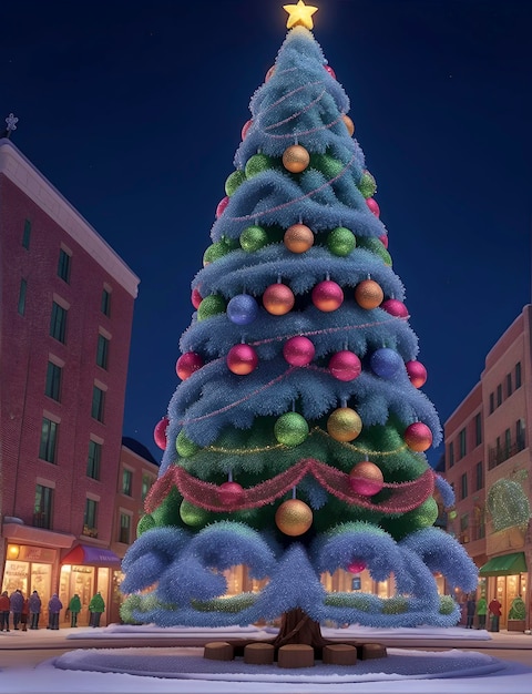 Een grote hoge animatiestijl kerstboom in een besneeuwde binnenstad's nachts