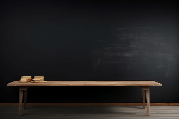 Een grote houten tafel voor een schoolbord waarop het woord staat