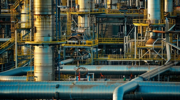 Foto een grote industriële fabriek met veel leidingen en gele en zwarte strepen