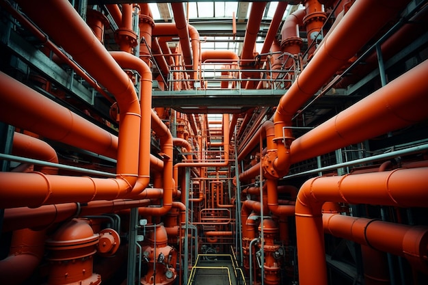 Foto een grote industriële ruimte met oranje pijpen en een gele lijn aan de onderkant.