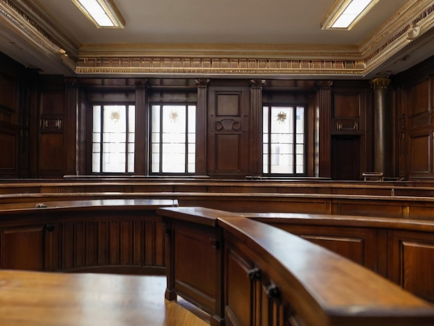 Foto een grote kamer met een groot houten bureau en een grote houten bank