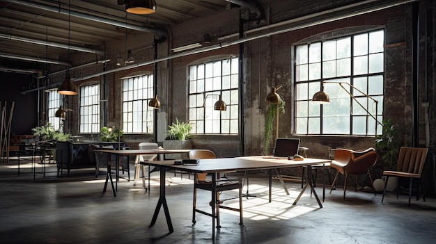 Een grote kamer met tafels en stoelen en grote ramen.