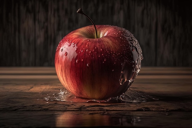 een grote karmozijnrode vochtige appel op een houten tafel