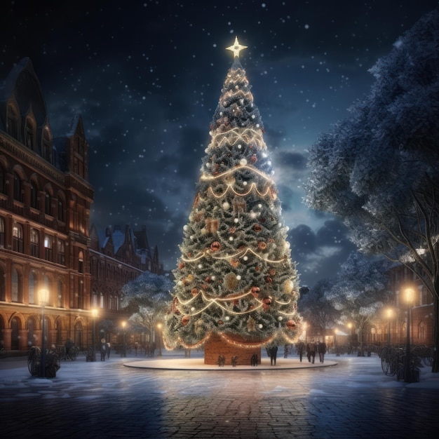 een grote kerstboom is in het centrum van de stad op een prachtige besneeuwde avond