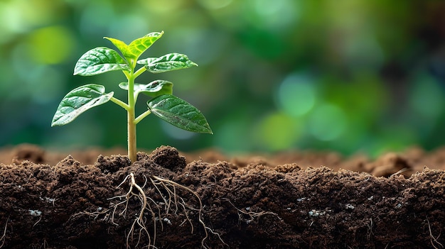 Een grote kopieerruimte met een groeiende jonge plant onder wortelweergave met een wazige groene achtergrond in de natuur Generatieve AI