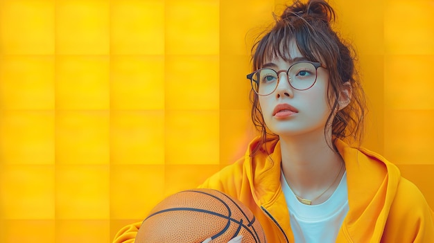 Een grote kopieerruimte met een Koreaanse vrouw die een basketbal vasthoudt tegen een gele achtergrond Generatieve AI