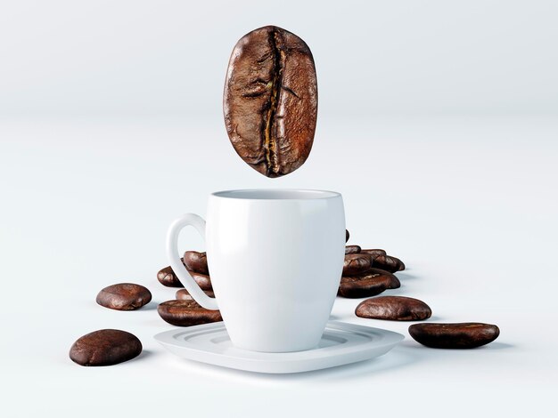 Een grote korrel koffie in een kopje op een witte achtergrond 3D render