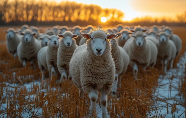 Een grote kudde schapen beweegt zich bij zonsondergang over een met sneeuw bedekt veld