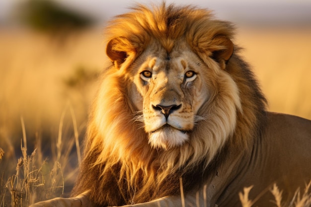Een grote leeuw die op het gras ligt tegen de achtergrond van de savanne