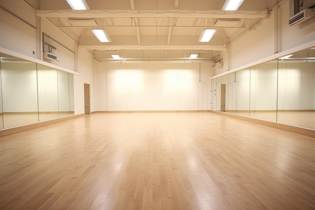 Een grote lege kamer met veel spiegels dansstudio mockup