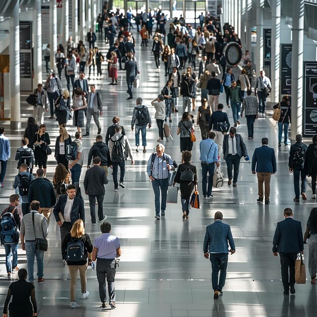 een grote menigte mensen die door een grote zaal lopen