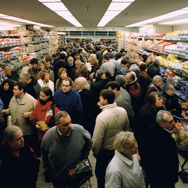 een grote menigte mensen is aan het winkelen in een winkel.