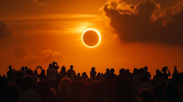 Een grote menigte mensen kijkt naar een zonsverduistering.