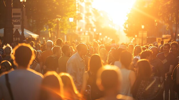 Foto een grote menigte mensen loopt op een drukke straat op een zonnige dag de mensen dragen allemaal verschillende kleren en dragen verschillende dingen