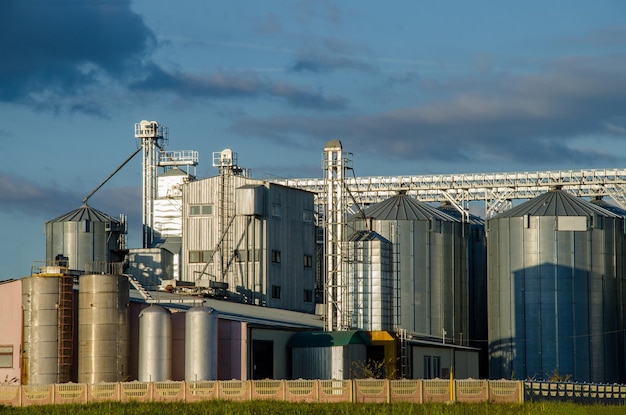 Een grote moderne fabriek voor de opslag en verwerking van graangewassen uitzicht op de graanschuur op een zonnige dag tegen de blauwe lucht Einde van het oogstseizoen