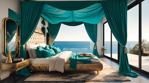 Een grote moderne slaapkamer in een luxe zomervilla met adembenemend uitzicht op zee