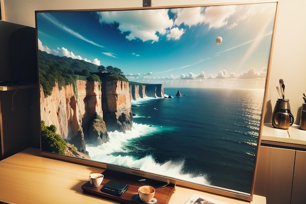 Een grote monitor met een landschap op het scherm en een koffiekopje op tafel.