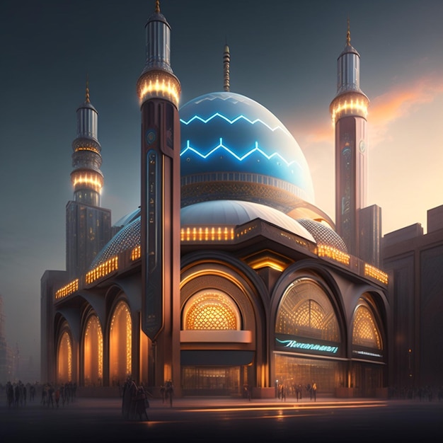 Een grote moskee met een blauw dak en een blauw bord met de tekst 'al - q' erop.