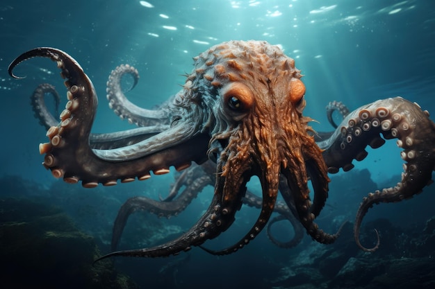 een grote octopus zwemt in de diepten van de oceaan