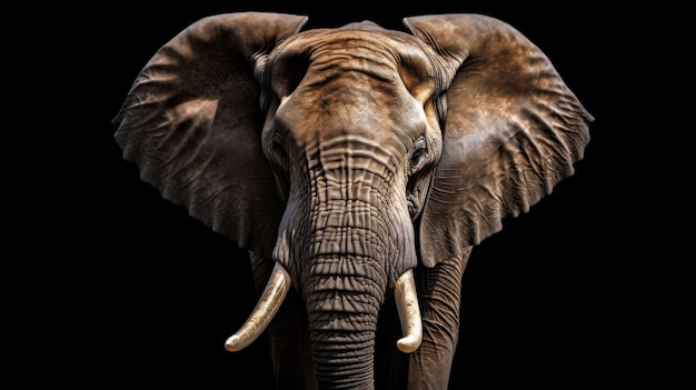een grote olifant met slagtanden op een zwarte achtergrond