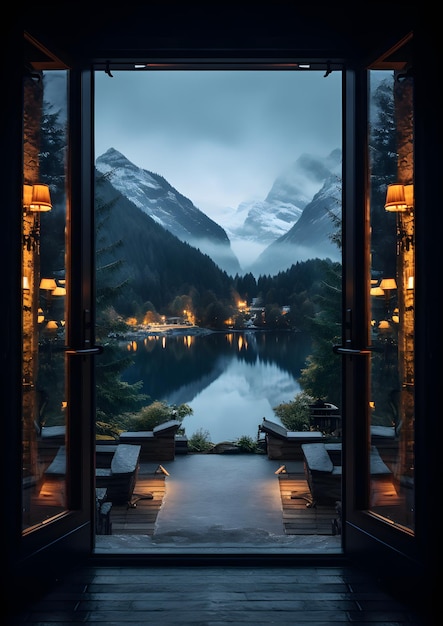 een grote open deur die leidt naar een meer met bergen op de achtergrond Raam uitzicht vanuit metalen raam