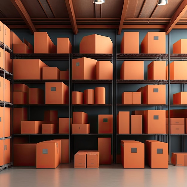 Een grote opslagruimte met oranje kartonnen dozen op de planken
