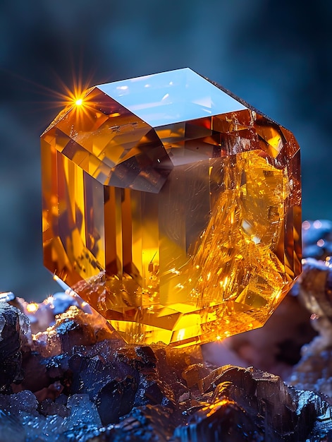 Een grote oranje diamant bovenop rotsen.