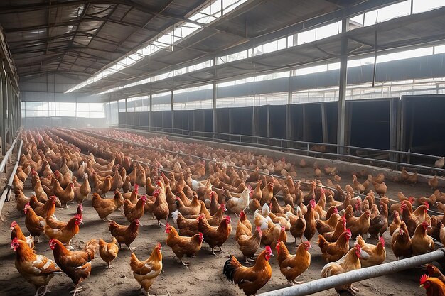 Een grote pluimveeboerderij met kippen en hanen Vlees- en eiproductie landbouw pluimveebedrijf industrieel bedrijf